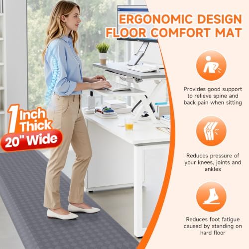 1" Thick Kitchen Mats for Floor, Water Resistant Floor Rug,Grey/72" x 20"