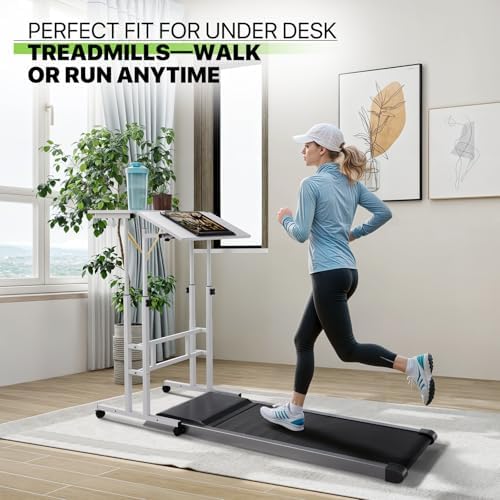 Magshion Rolling Standing Desk with Wheels, Height Adjustable Laptop Desk for Walking Pad, Mobile Workstation with Tilt Top, 28" to 46" Height Range for Home Office & Small Spaces, White