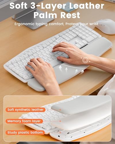 White Wireless Keyboard and Mouse Combo for MacBook & Windows, 30dB Quiet Ergonomic Keyboard Set with Wave Keys & Soft Palm Rest, Silent Typing, Dual-System Switch, Ideal for Home Office—Sablute