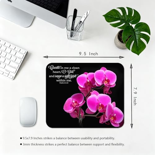 9.5x7.9 Inch Office/Gaming Mouse Pad, Create in Me a Clean Heart Christian Bible Verse Scripture, Vibrant Pink Orchids with Inspirational Quote Cute Anti-Slip Mat for Desk
