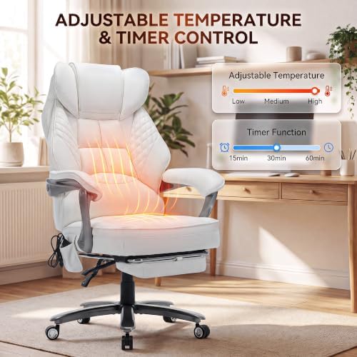 Big and Tall Massage & Heat Office Chair, Ergonomic Gaming Chair, White