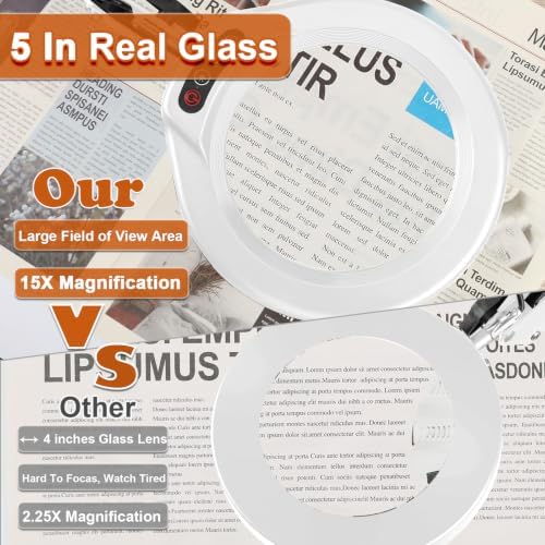 VEEMAGNI 5 Inch Large Real Glass Magnifying Glass with Light and Stand, 5 Color Modes Stepless Dimmable, 2*16 Inch Swivel Arm LED Clamp Desk Lamp, Hands Free 15X Lighted Magnifier for Crafting-White
