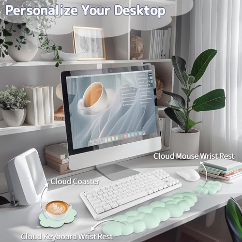 Sushret Cloud Wrist Rest Keyboard, Cloud Keyboard Wrist Pad Set with PU Leather Memory Foam, Cute Arm Rest for Palm Support, PC/Gaming Desk Accessories/Office Setup/Computer Hand Cushion - Light Green