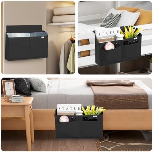 2 Pack Desk Side Hanging Organizer, Adhesive Storage Bag with Pockets for Magazine Ipad Notebook, for End Tables Home Office Desks Computer Workstations Dressing Table, Black