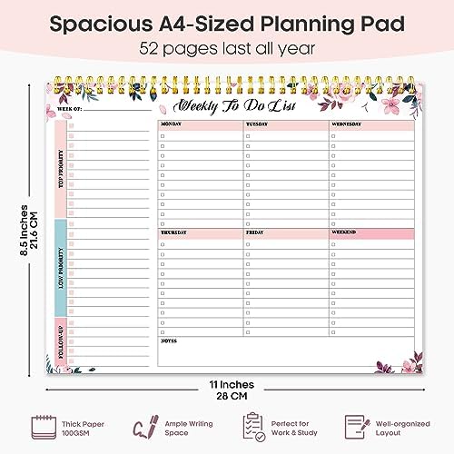 Taja Weekly To Do List Notepad, Undated Weekly Planner Pad, 8.5" x 11"