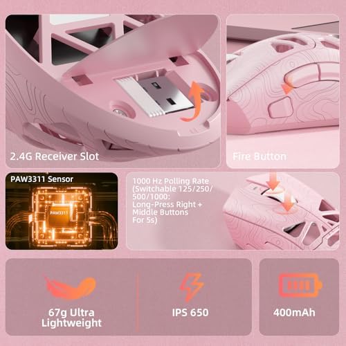 Aula SC620 Wireless Gaming Mouse, Tri-Mode 2.4GHz/USB-C/BT5.3 Computer Mouse with 12000 DPI, Programmable Macro Gamer Mouse with Rapid Fire Key, RGB Light Gaming Mice for PC/Laptop/Mac (Line Pink)