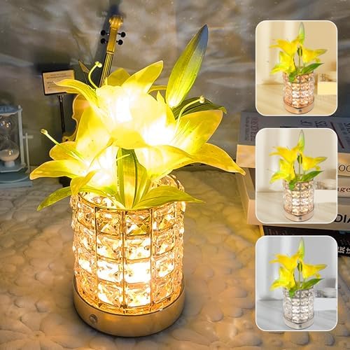 Lily Flower Lamps, Rechargeable Cordless Small Desk Lamp, 3 Colors Dimmable Artificial Flowers Night Light, Fake Bouquet 3 Lilies with Crystal Vase for Home Date Party Decoration (Yellow - Lily)