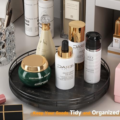 AMH 12-Inch Oak Lazy Susan Vanity Tray with Black Brush Gold Metal Rail