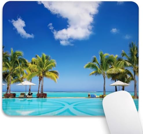 Tropical Beach Swimming Pool Mouse Pad, Coastal Scenery Sunbeds Desk Mat