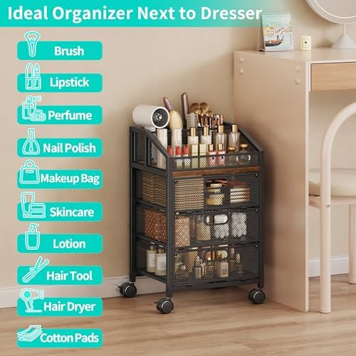 HapiRm Rolling Makeup Organizer Cart- Under Desk Vanity Storage with 3 Drawers, Floor Nail Cart Skincare Organizers Cosmetics Display Cases for Nail Polish Perfume Makeup Brush Hair Tool, Black