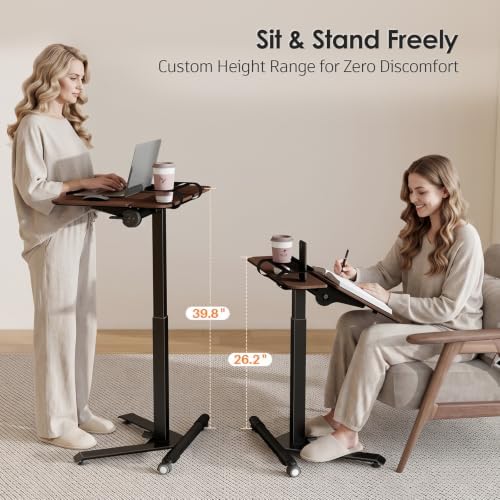 ROMOON Rolling Standing Desk with Wheels, Portable 24 inch Sit-Stand Laptop Cart with Tilt Top and Storage, Mobile Compact Workstation for Home Office and Small Spaces (Walnut)