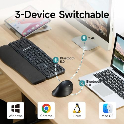 SANWA Vertical Ergonomic Mouse, 3-Device Wireless Ergo Mice, Silent Click