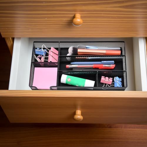 Metal Mesh Desk Drawer Organizer Tray, 6 Compartments 11”x6”x1.5”