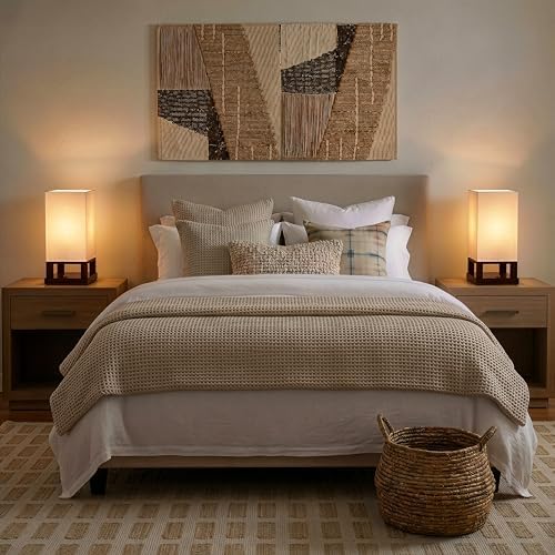 Brightech Maxwell Bedside Lamp with USB Port – Compact Table Lamp for Bedroom, Living Room - Modern Asian Nightstand Lamp with Wood Frame - LED Bulb, Soft Light - Havana Brown