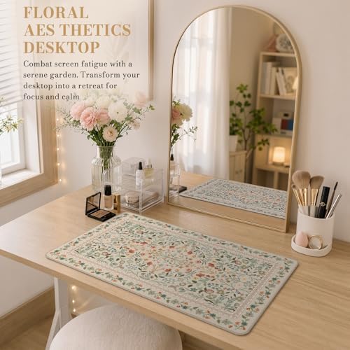 iCasso Aesthetic Flower Mouse Pad for Laptop, 23.6x13.7in Desk Pad, Beige