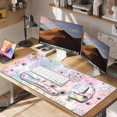 Large Mouse Pad, Keyboard Wrist Rest Set, Ergonomic Mouse Pad with Wrist Support, Desk Mat with Stitched Edges Extended Desk Pad Waterproof Desk Mat for Home Office Game I Dandelion & Sunflower