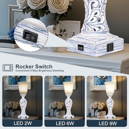 20" Vintage Table Lamps Set of 2 for Living Room, 3-Way Dimmable LED Bulb