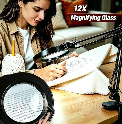 12X Magnifying Glass with Light and Clamp, 84 LEDs Real Glass Lens Magnifying Lamp for Close Work, Repair, Reading, Craft（Top Button）