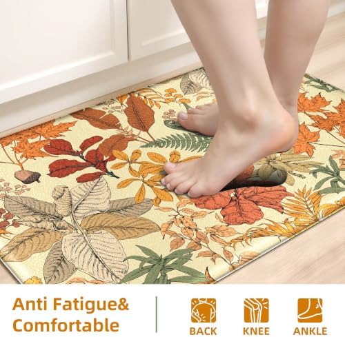 2Pc Botanical Kitchen Rugs Set, Orange Brown 17.3"x28" + 17.3"x47"