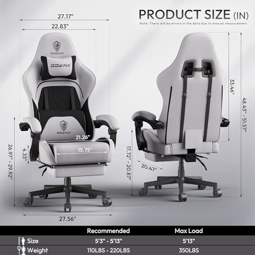Dowinx Big and Tall Gaming Chair Fabric with Footrest Pocket Spring Cushion for Home Office, High Back Recliner Height Adjustable Ergonomic Comfy Cloth Computer Desk Chair, Black Grey