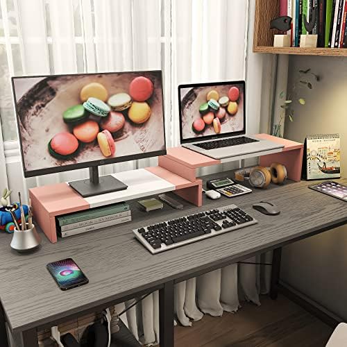 WESTREE Dual Monitor Stand - Monitor Stand Riser - 2 Shelf Computer Monitor Stand with Adjustable Length and Angle, Monitor Stands for 2 Monitors, Desktop Organizer Stand Office Furniture for PC, Computer, Laptop