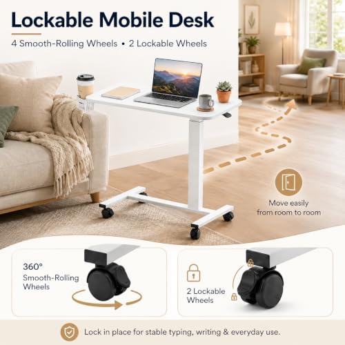 GTPLAYER Mobile Rolling Desk, Adjustable Height Laptop Table, 32 Inch White