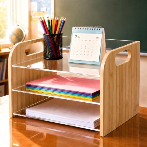 Marsui 3 Tier Desk Paper File Organizer, Bamboo & Acrylic Letter Tray