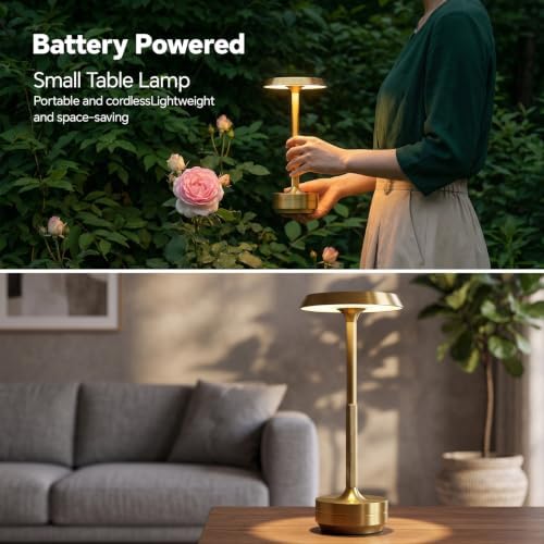 1 Pack Rechargeable Cordless Table Lamp, 5000mAh Battery Table Light 3 Color Stepless Dimming Portable LED Table Light with Memory Function, for Outdoor/Dinner/Patio/Restaurant.(Gold)
