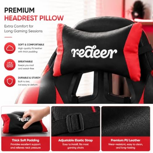 Redeer Led RGB Gaming Chair with Speakers Massage & Footrest, Reclining Gamer Chair for Adults, Video Game Chairs with Canopy, Heavy Duty Gaming Chair Massage, 350LBS RED