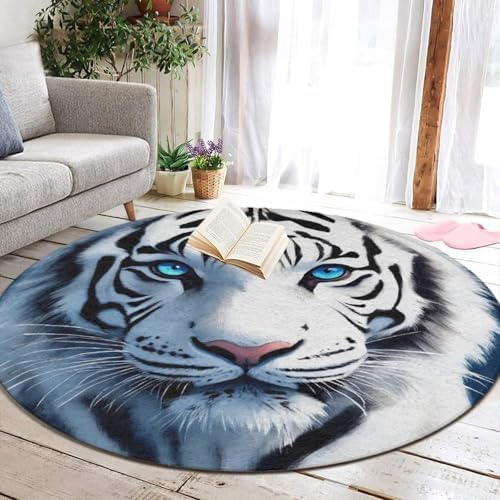 Large Home Decor Mat, Soft Round Yoga Carpet, Non Slip Machine Washable Home Office Circle Rug White Tiger Moon Starry Sky