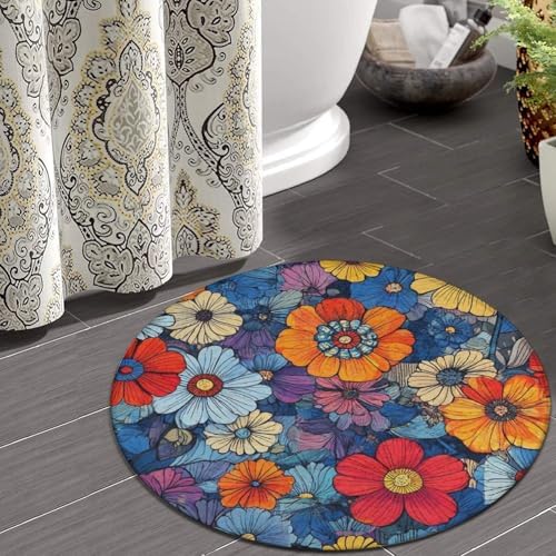 Fashion Round Area Rug Large Non Slip Carpet, Boho Floral Blossom Unisex Home Decor Mat