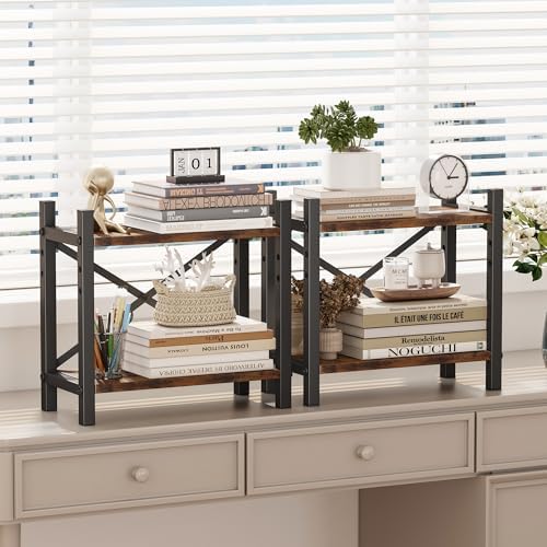 Desktop Bookshelf, 4-Tier Stackable Narrow Bookcase, Adjustable Industrial Desk Organizer & Hutch - Rustic Brown Wood Desktop Book Organizer for Living Room, Bedroom & Home Office
