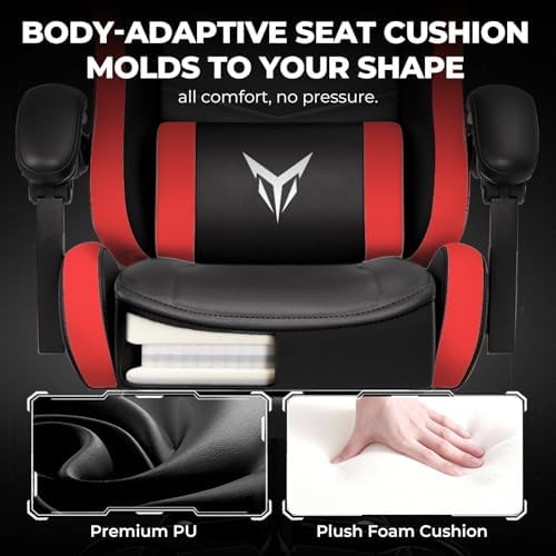 GTPLAYER Gaming Chair High Back Computer Chairs with Foot Rest for Adults, Ergonomic Height Adjustable Recliner Chair 300lbs with Linkage Armrest and Lumbar Support for Home Office, Red
