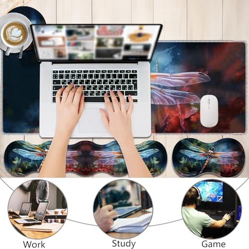 4 in 1 Mouse Pad Combo, Large Gaming Mouse Pad + Keyboard Wrist Support + Mouse Wrist Rest + Coaster, Table Pad with Stitched Edge Ergonomic Wrist Pad Set, Art Dragonfly