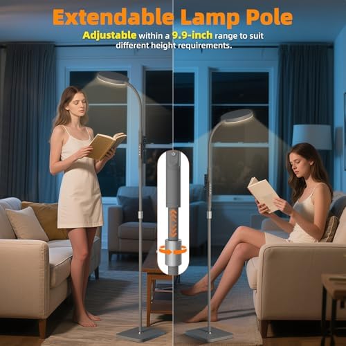 PACOVY Floor Lamp, Adjustable Height Floor Lamps for Living Room Bedroom, 120 LED Super Bright Standing Lamp Remote Control Dimmable Gooseneck Tall Stand Reading Lamp for Office Craft, Matte Gray