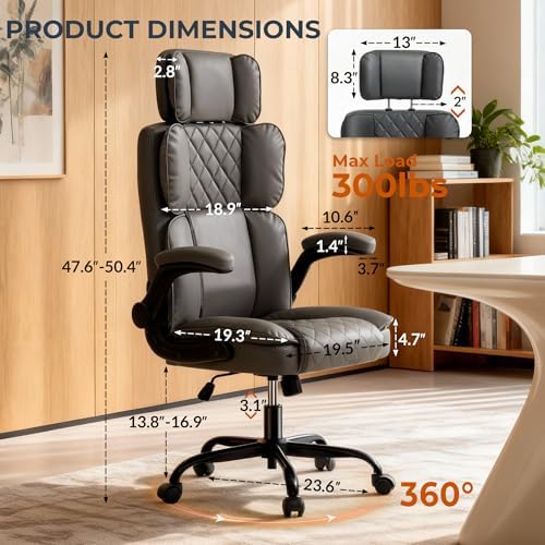 Office Chair with Adjustable Headrest - Executive Leather Desk Chair for Home Office, with Flip-Up Arms & Ergonomic Lumbar Support, Perfect for Work and Study, Gray