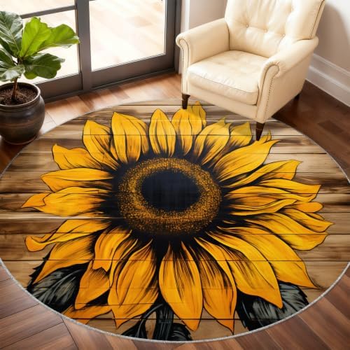 Sunflower Round Rug - 3ft Washable Sunflower Round Area Rug for Bathroom, Western Country Circle Rugs Soft Non-Slip Carpet for Kitchen Bedroom Kids Room Decor Mat
