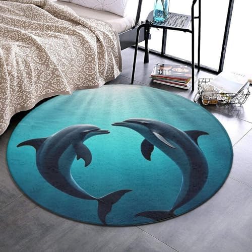 Women's Large Home Decor Mat, Soft Round Yoga Carpet, Non Slip Machine Washable Home Office Circle Rug Dolphins