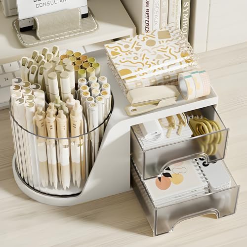 360 Degree Rotating Pencil Pen Holder for Desk , Cute Desk Pen Organizers Desktop Storage Stationery Supplies Cup Pot for Office School Home Art Supply Accessories Caddy Makeup Brush Holder White