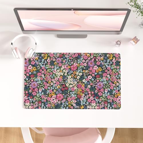 Colorful Star Large Mouse Pad, Floral Desk Mat Office Supplies, Waterproof Faux Leather Big Gaming Mousepad for Women Girls, Blooming Flowers Desk Pad Home Office Décor Accessories 23.6" x 13.8"