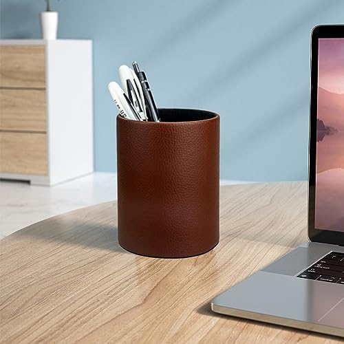 Leather Pen Holder, Brown Pencil Holder, Desktop Elegant Pen Holder for Desk, Stationery Organizer for School Office Home Dorm (3.3" x 3.3" x 4", Brown)
