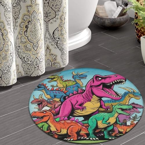 Soft Round Yoga Carpet, Large Home Decor Mat, Non Slip Machine Washable Kitchen Office Circle Rug Dinosaurs