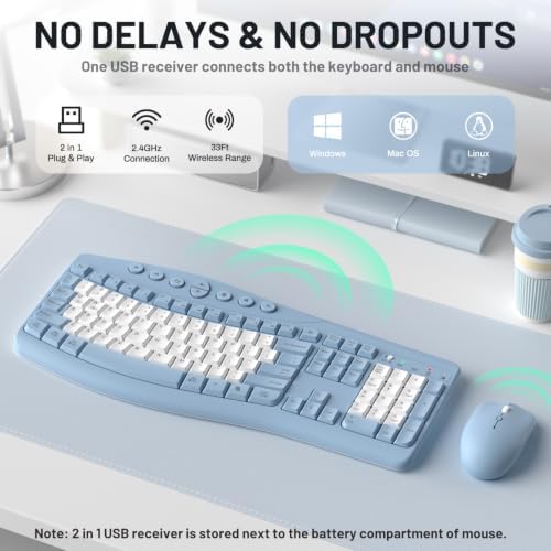 Wireless Keyboard and Mouse Combo Silent for Office,Ergonomic Curved Design