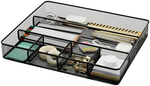 Annova Desk Top Organizer Tray for Office Organization - Metal Mesh - Storage Tray with Dividers for Pens, Desktop Accessories, Bathroom, Kitchen, Makeup and Office Supplies (Large, Black)