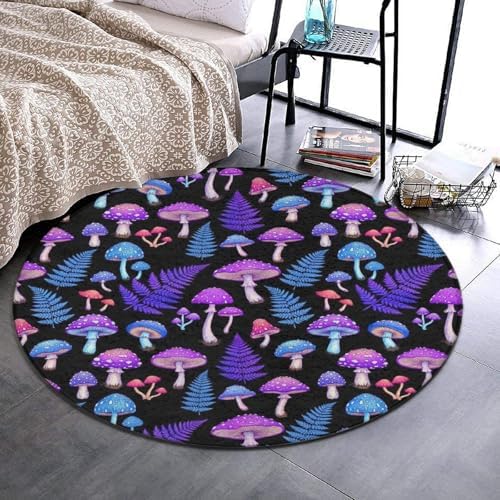 Fashion Round Area Rug Large Non Slip Carpet, Trippy Purple Blue Mushrooms Unisex Home Decor Mat, 24inch