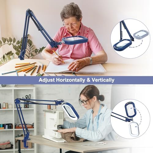 14.35" Large Magnifying Glass with Light and Clamp, Real Glass, 5 Color Modes, Stepless Dimmable, Lighted Magnifier with Stand Hands Free, LED Swing Arm Desk Lamp for Close Work, Craft, Blue