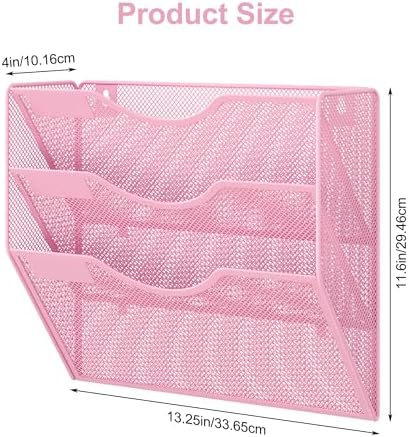 EasyPAG 3 Pocket Mesh Wall File Organizer, Hanging Paper Folder Holder with Classify Label, Vertical Wall Mount Mail Organizer for Office Home Classroom, Pink