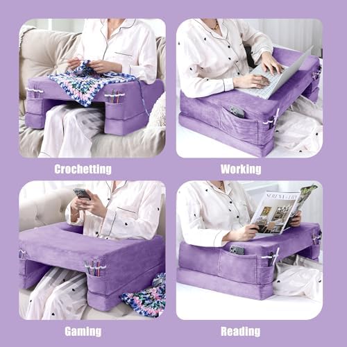 HOMBYS Adjustable Foam Crochet Pillow for Lap Support, Soft Velvet Reading & Gaming Pillow with Side Pocket and Elastic Band, Desk Cushion for Sofa, Bed & Floor, Heights for Adjusting (Purple)
