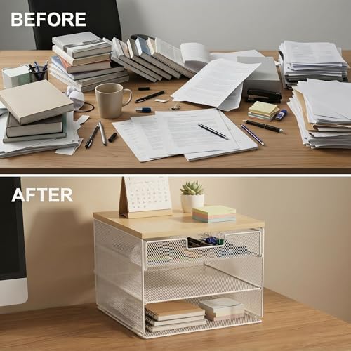 4-Tier Mesh Desk Organizer and Accessories with Drawer Wooden Top Desktop Organizers Letter Tray Paper Organizer File Holder for Home Office School White