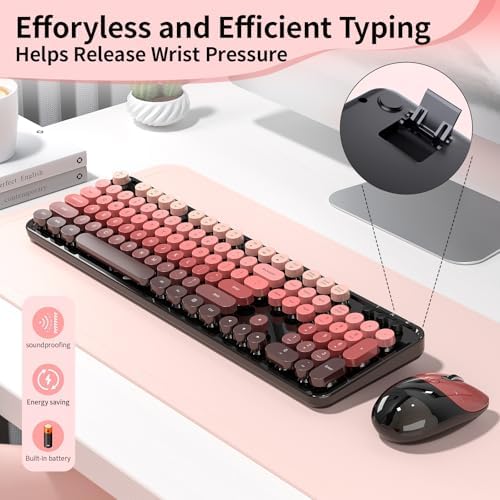 Wireless Keyboard and Mouse, 104 Round Keycaps Retro Typewriter